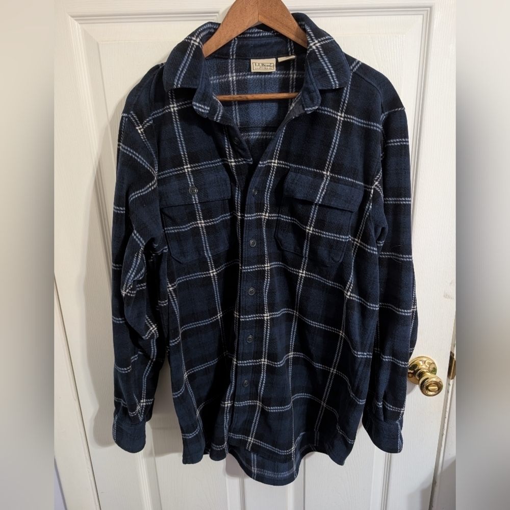 L.L. Bean Mens Shirt Fleece Plaid Blue Button Down Size Medium Flannel